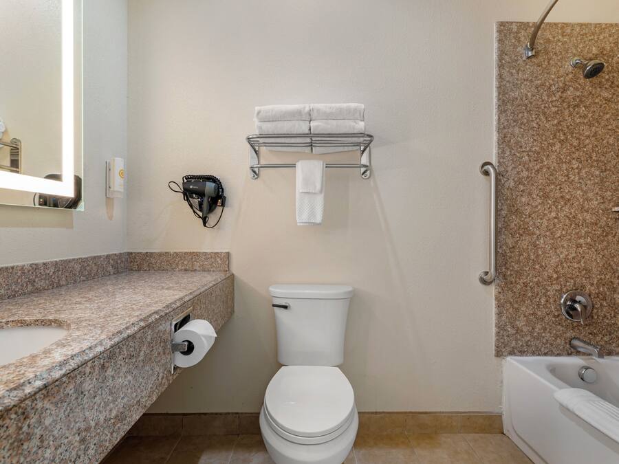 Un baño con inodoro, lavamanos, toallero y zona de ducha.