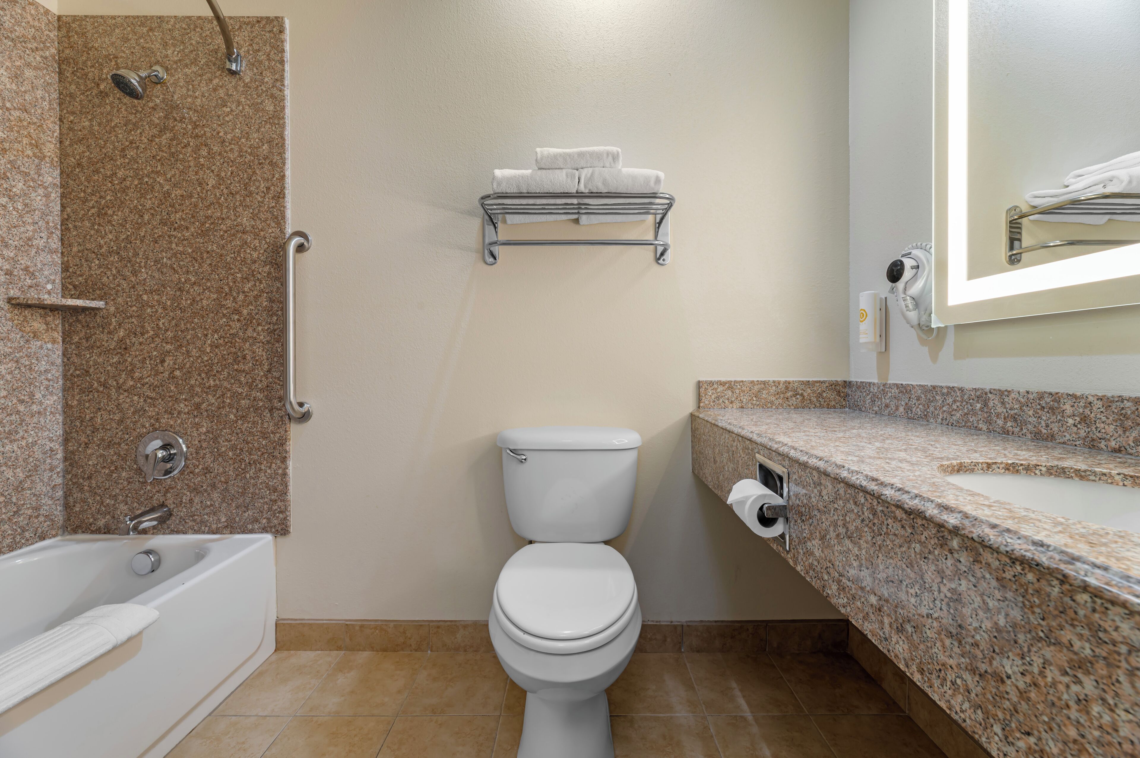A bathroom with a shower, toilet, bathtub, towel rack, and a towel dispenser.