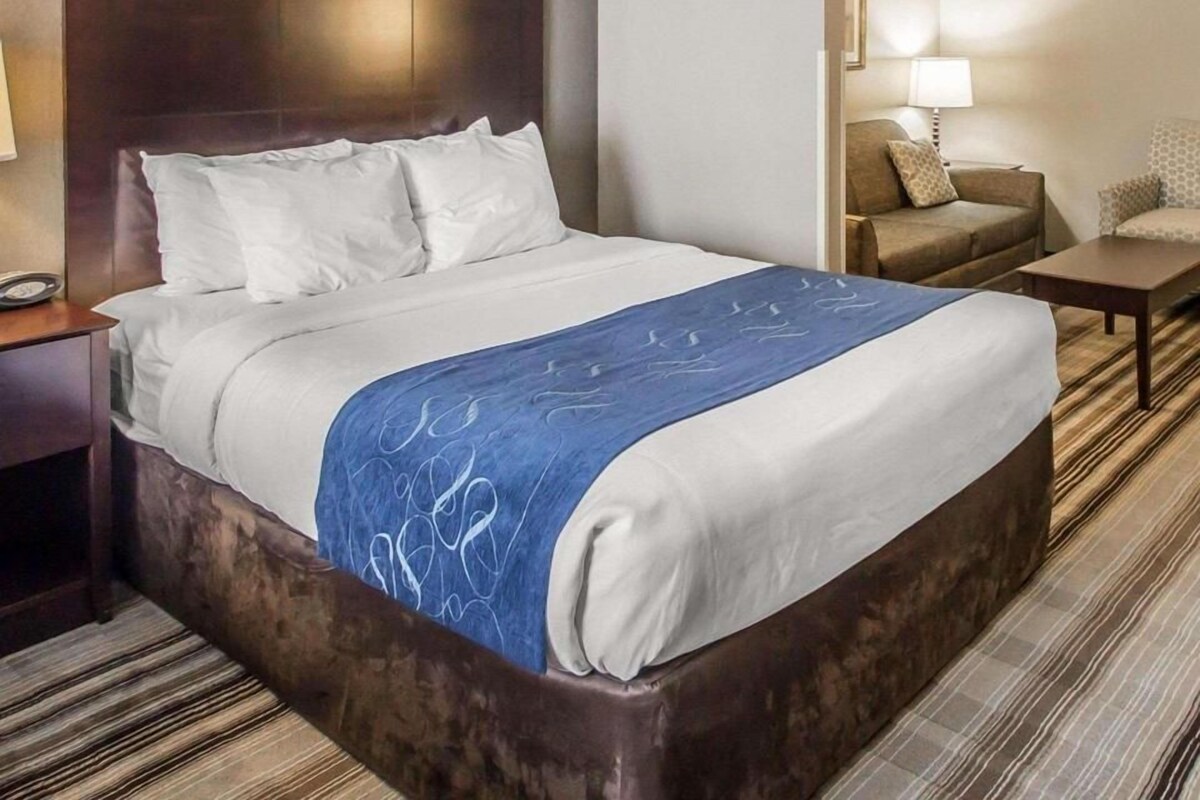 Una habitación de hotel con una cama grande, una mesita de noche, un escritorio, una silla y una lámpara.