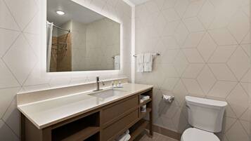 Un baño moderno con un espejo grande, un lavabo, un inodoro y una zona de ducha.