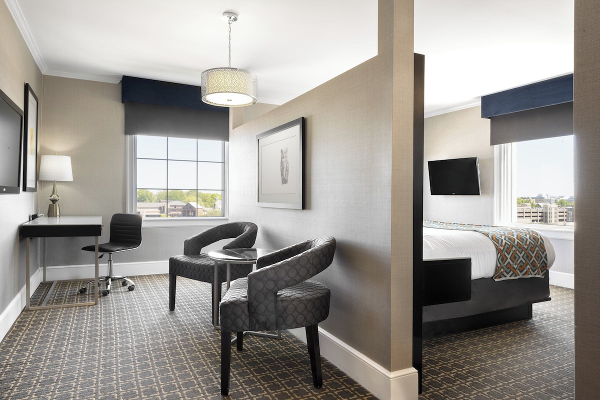 A hotel room with a bed, a desk, a chair, a TV, and a window with a city view.