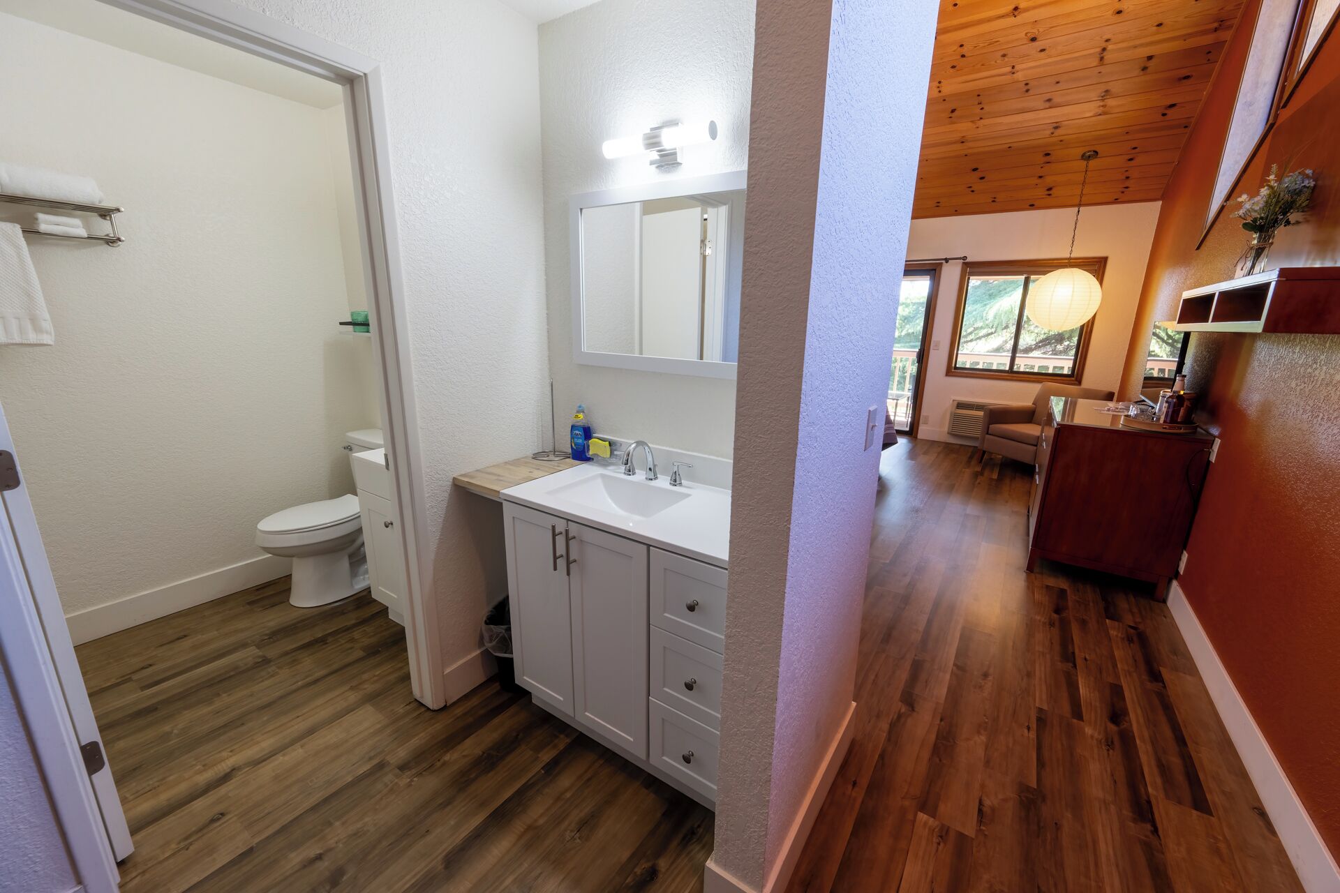 A bathroom with a toilet, sink, and mirror. There is a wooden floor and a hallway leading to a living area with a sofa and a window.