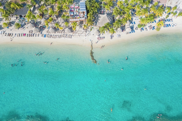 Playa en los alrededores, playa de arena blanca y camastros
