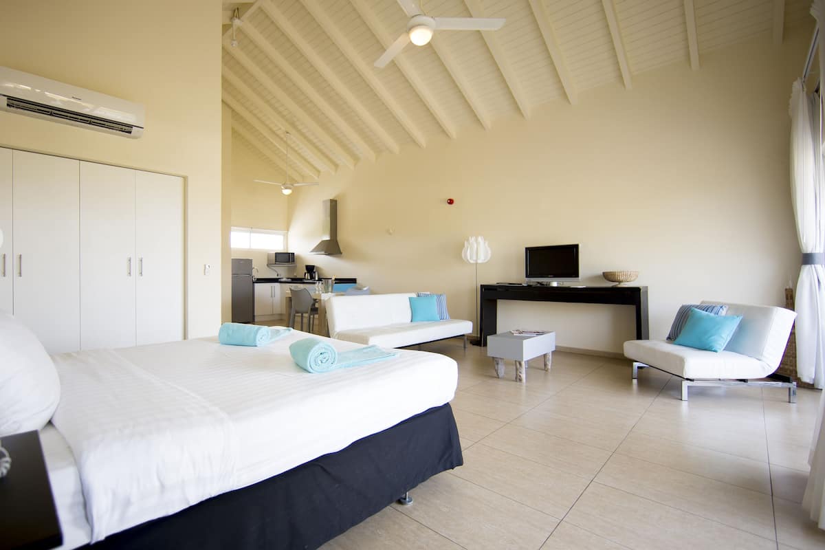 Habitación de hotel con cama, escritorio, silla, televisión y kitchenette.