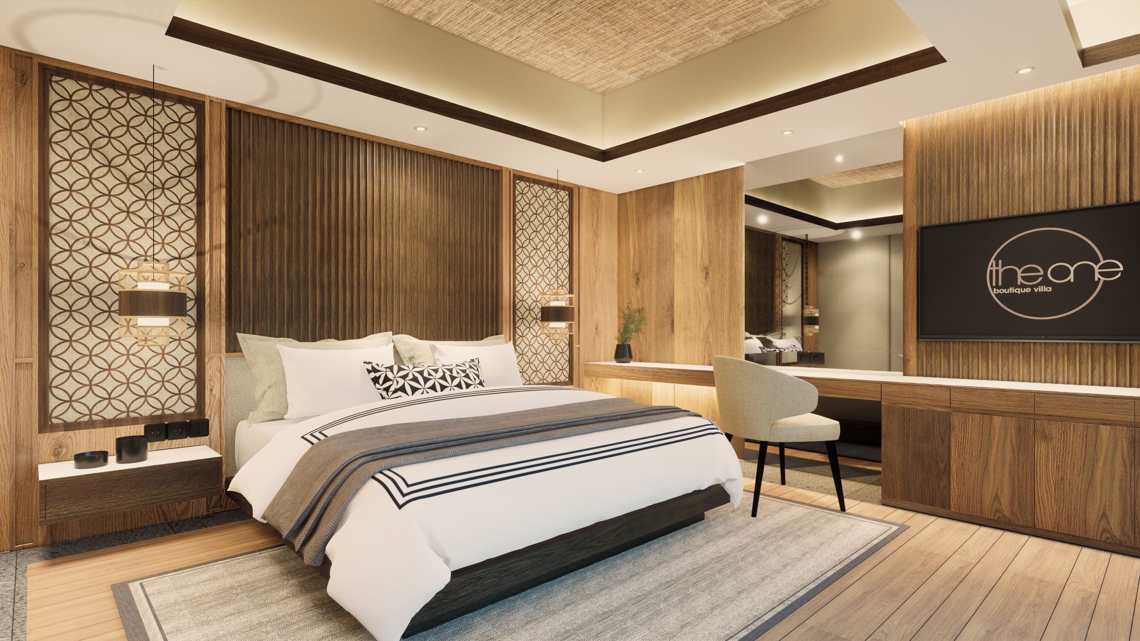 A modern bedroom with a bed, bedside tables, a desk, and a chair.