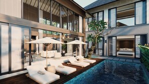 A modern outdoor pool area with lounge chairs and umbrellas, a wooden deck, and a large window overlooking the pool. - The One Boutique Villa & Spa Seminyak (Seminyak)