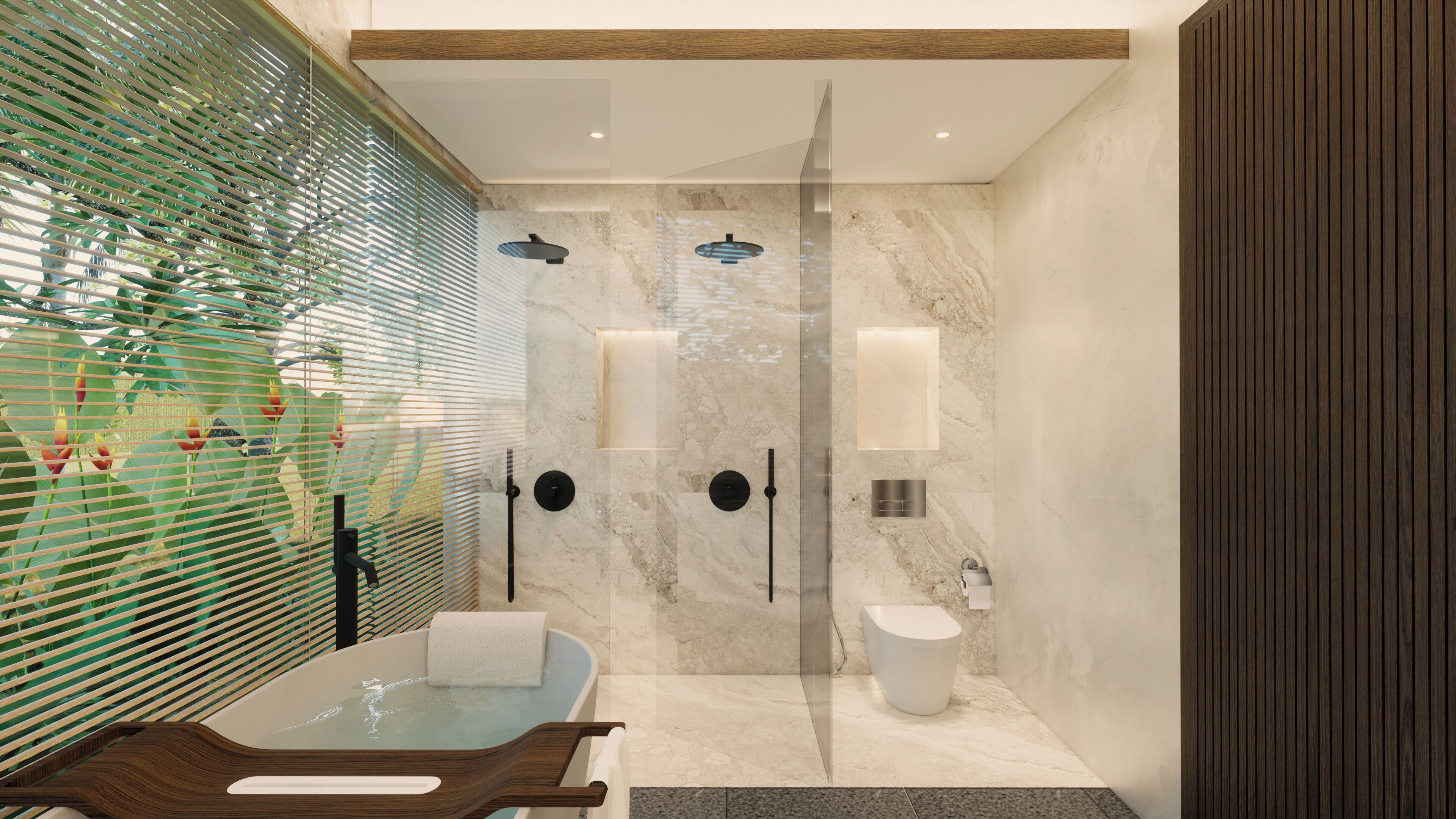 A modern bathroom with a glass shower enclosure, a marble-tiled shower area, a white toilet, and a wooden vanity with a towel.