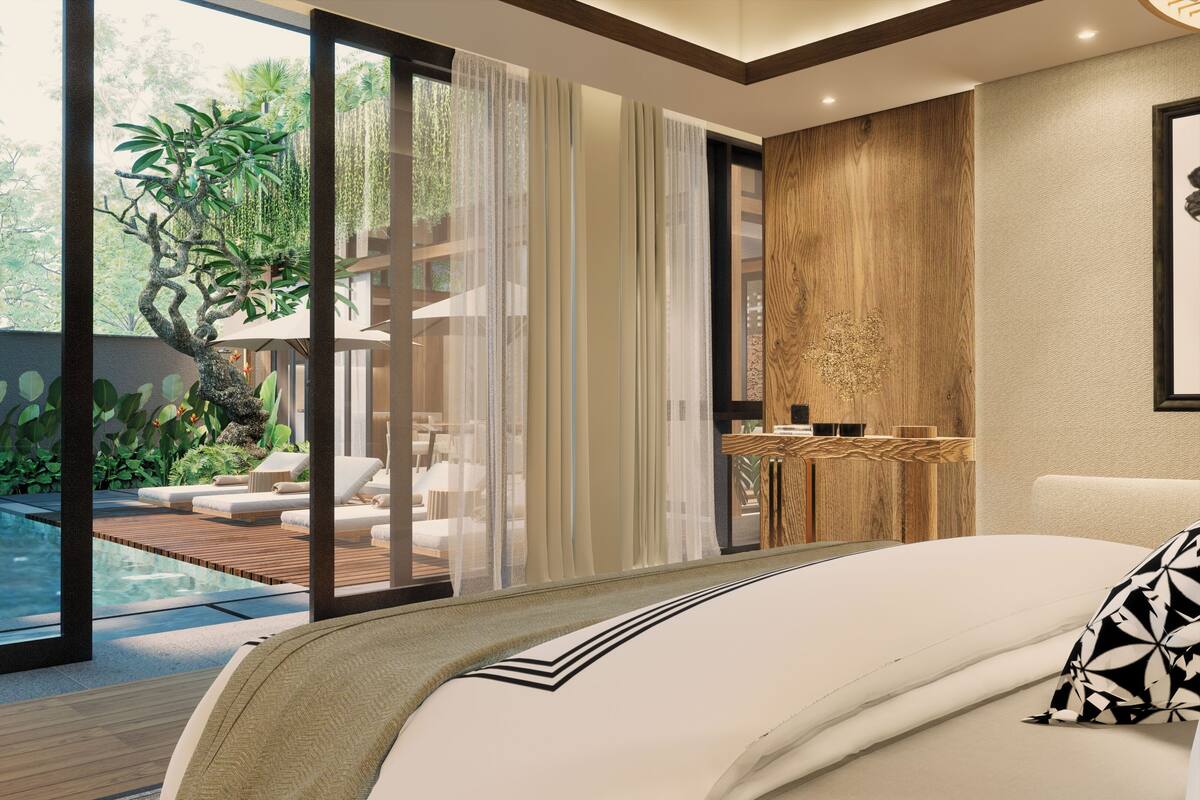 A modern bedroom with a large bed, a view of a swimming pool, and a wooden wall.