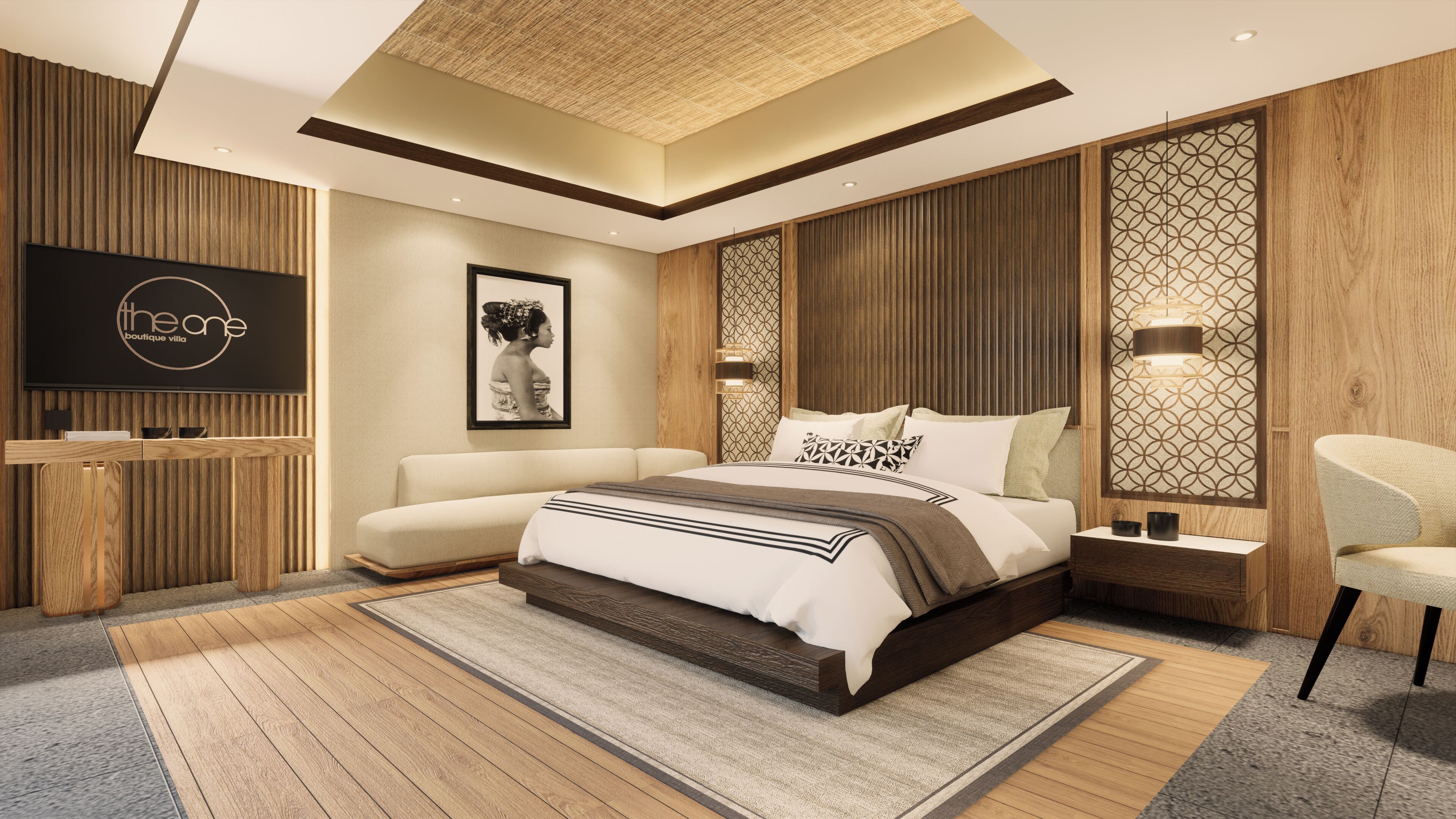 A modern bedroom with a large bed, a TV, and a wooden accent wall.