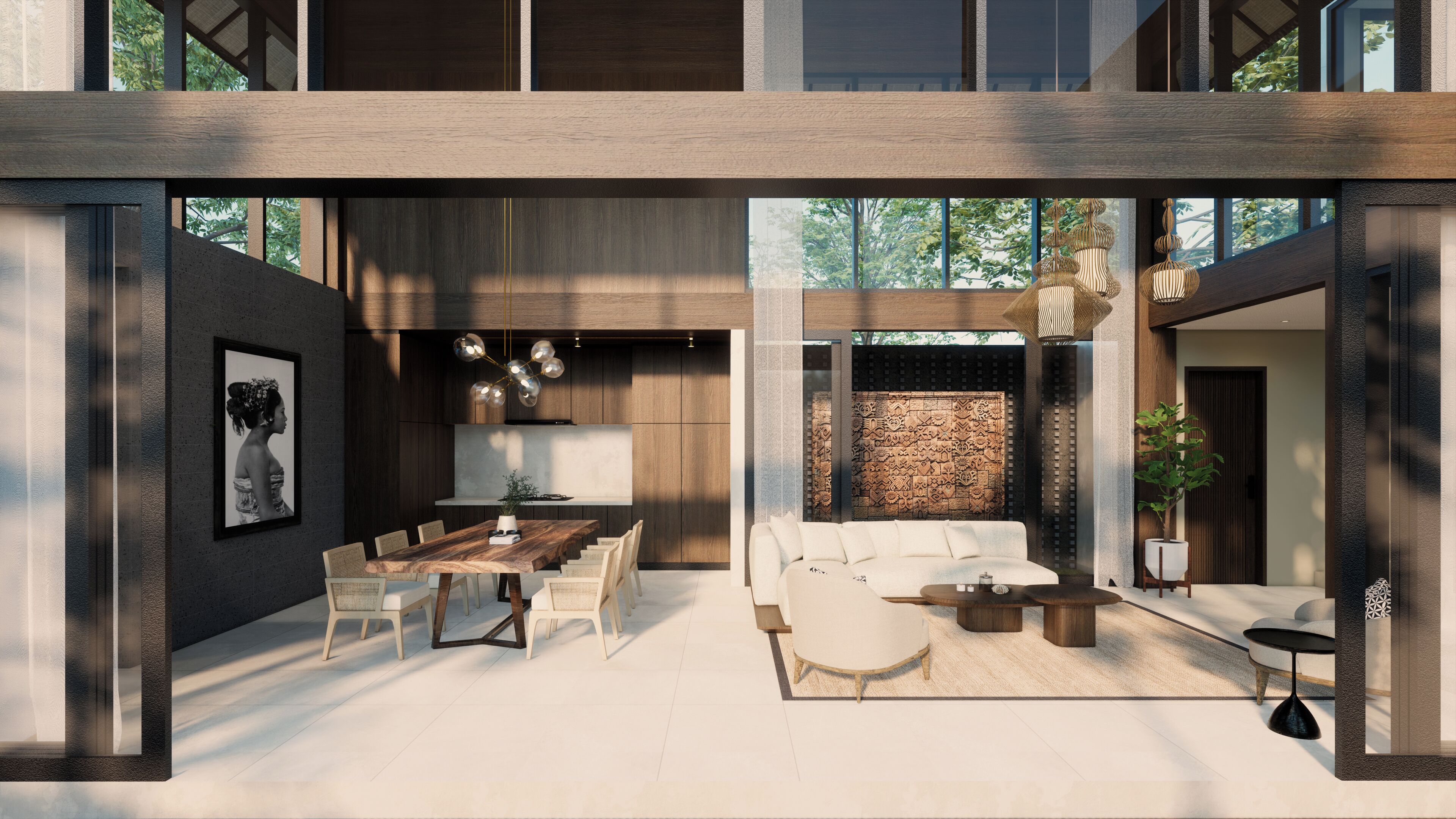 A modern interior with a dining area, kitchen, and living space.