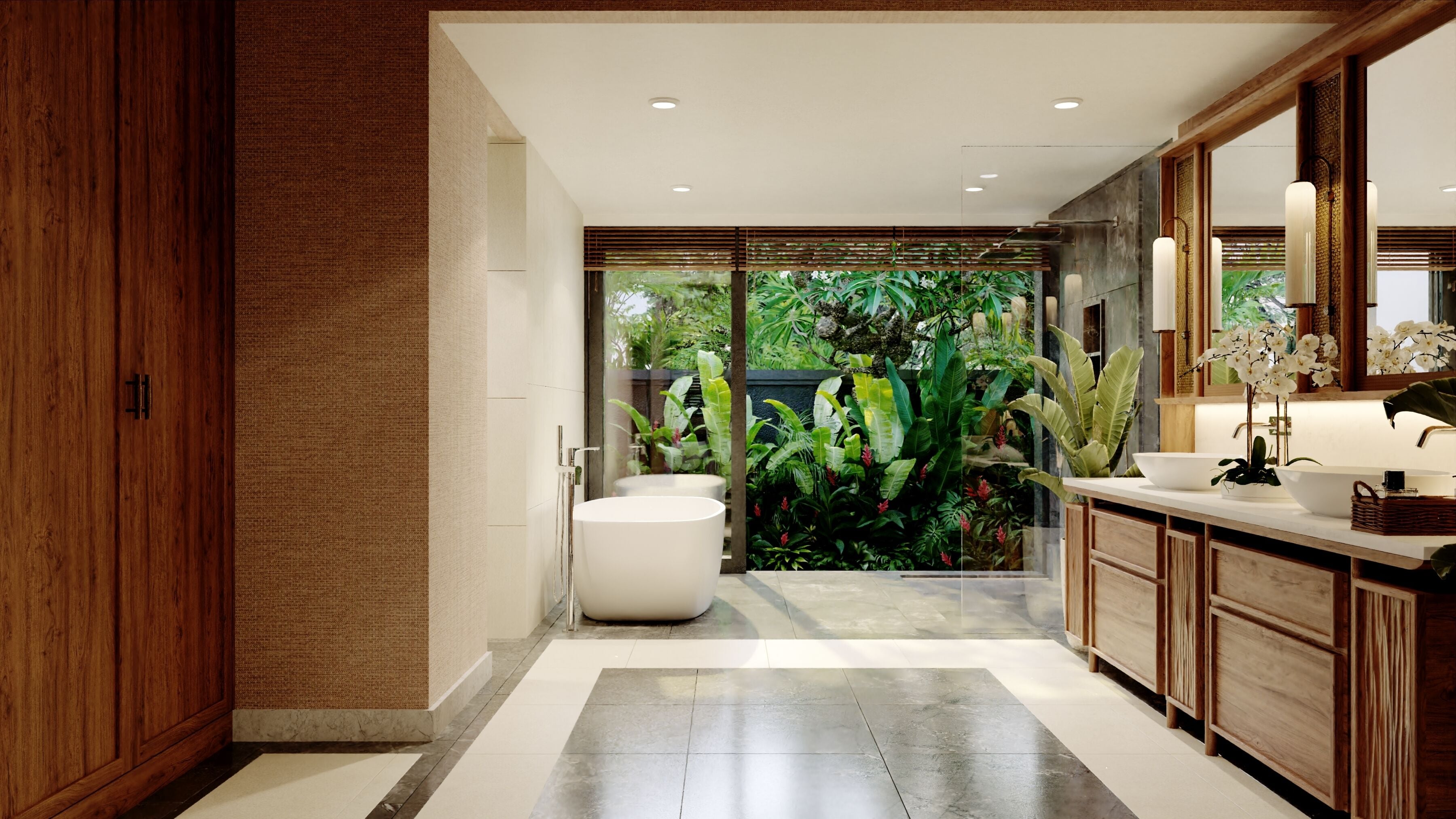 Une salle de bain moderne avec un grand lavabo, des toilettes et un espace douche. Une grande fenêtre offre une vue sur un jardin.