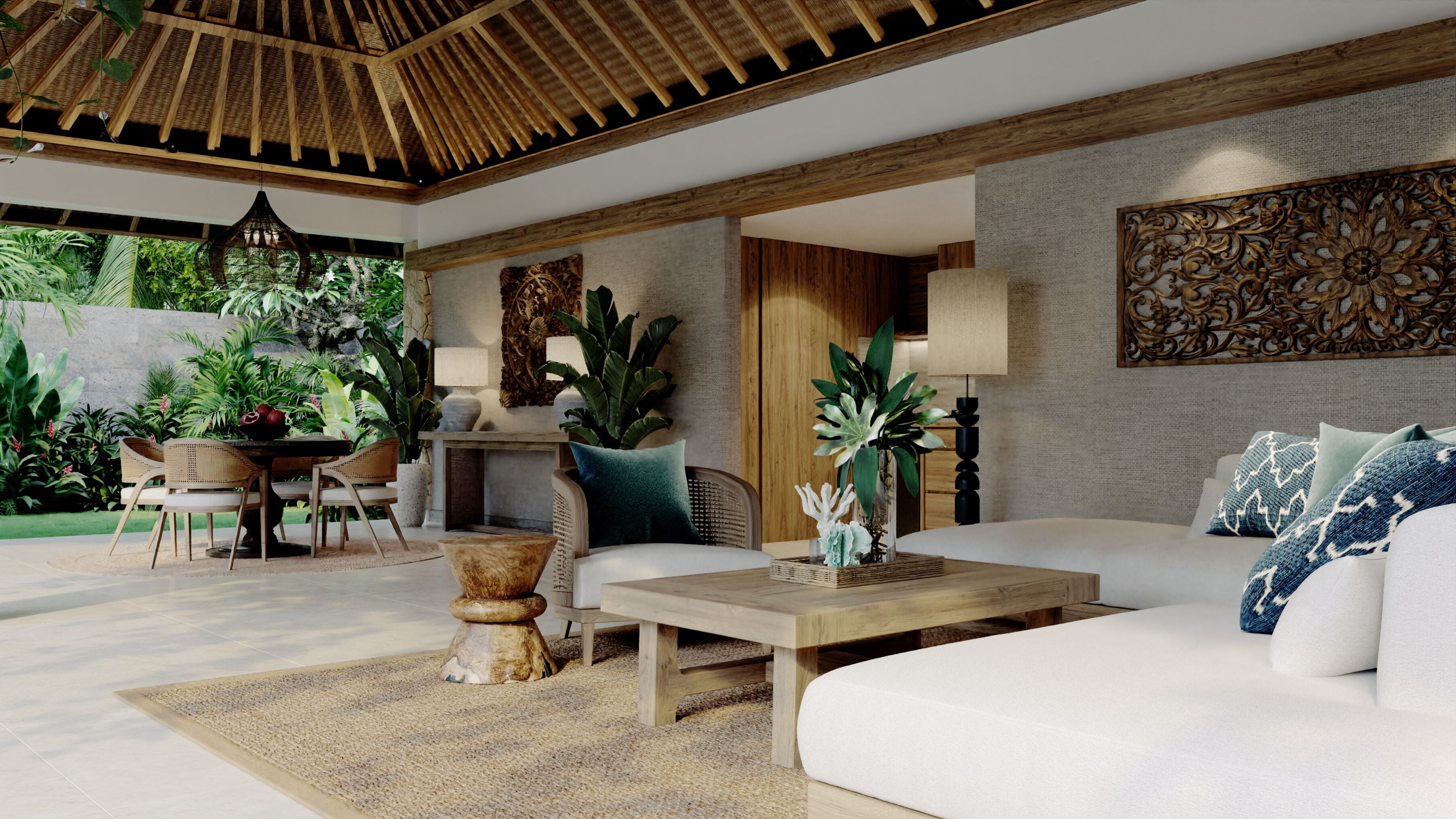 A modern living room with a wooden ceiling, a sofa, a coffee table, and a dining area with chairs and a table.