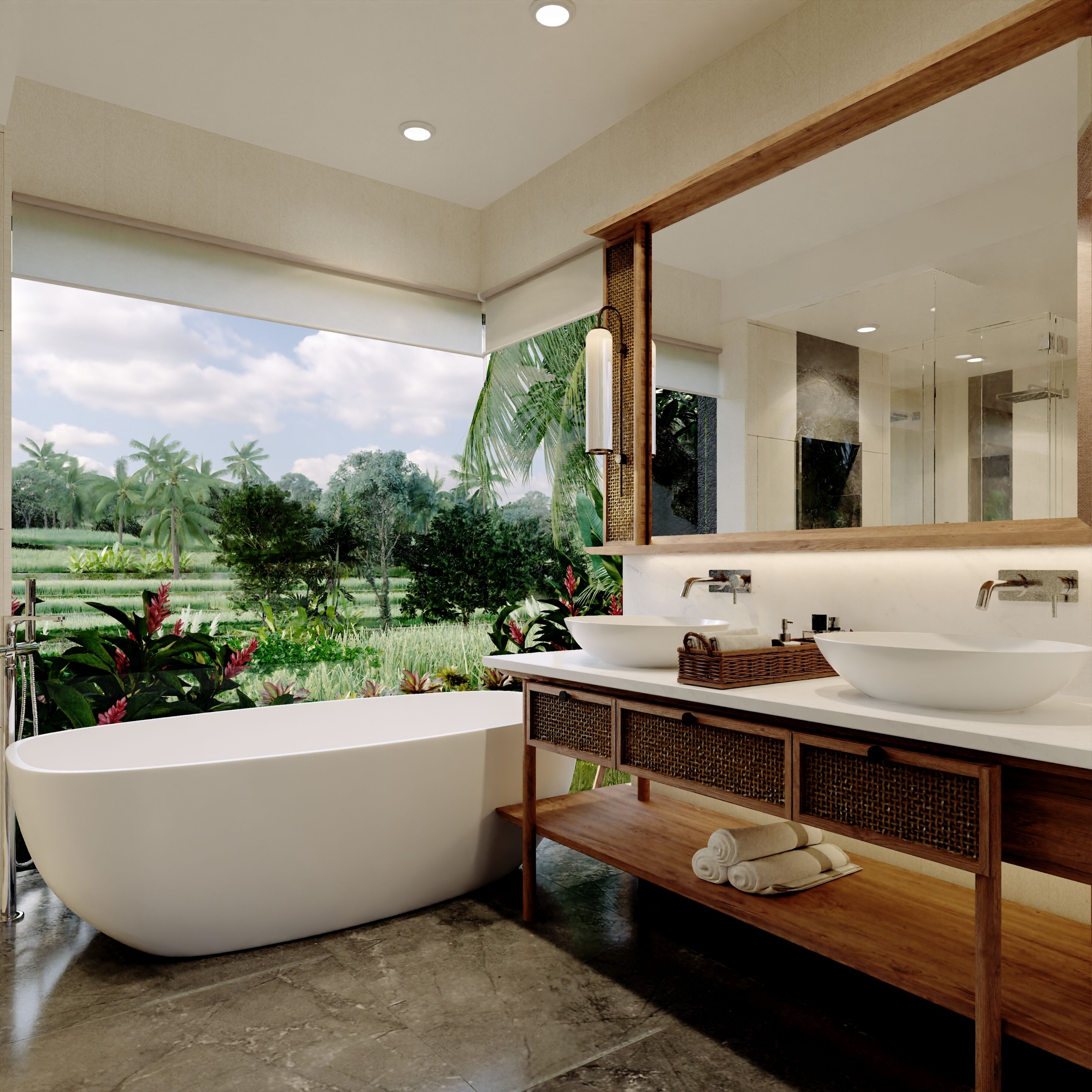 A modern bathroom with a freestanding bathtub, a large mirror, and a view of a lush garden.