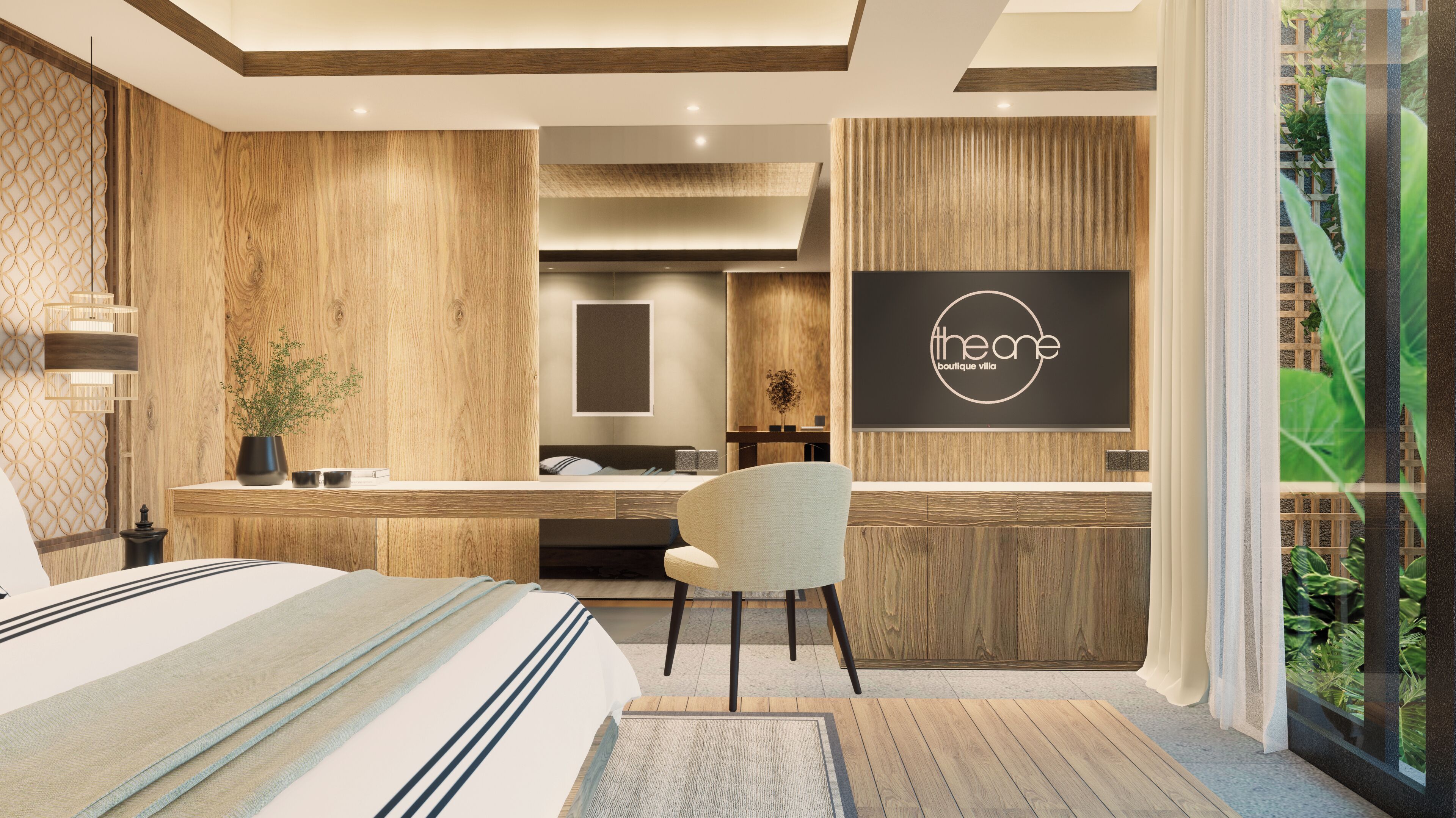Un dormitorio moderno con una cama grande, un escritorio y un televisor mostrando 'the one boutique villa'.