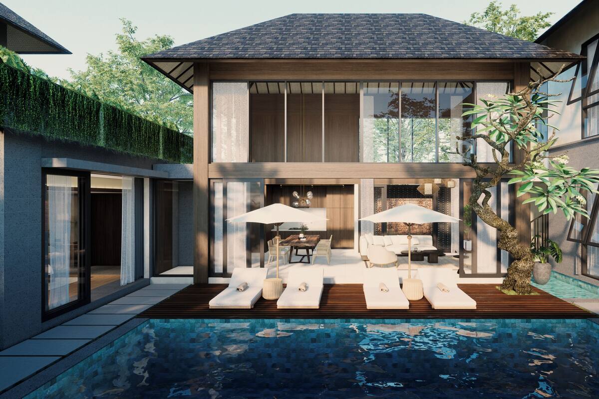 A modern house with a swimming pool, outdoor seating, and large windows.