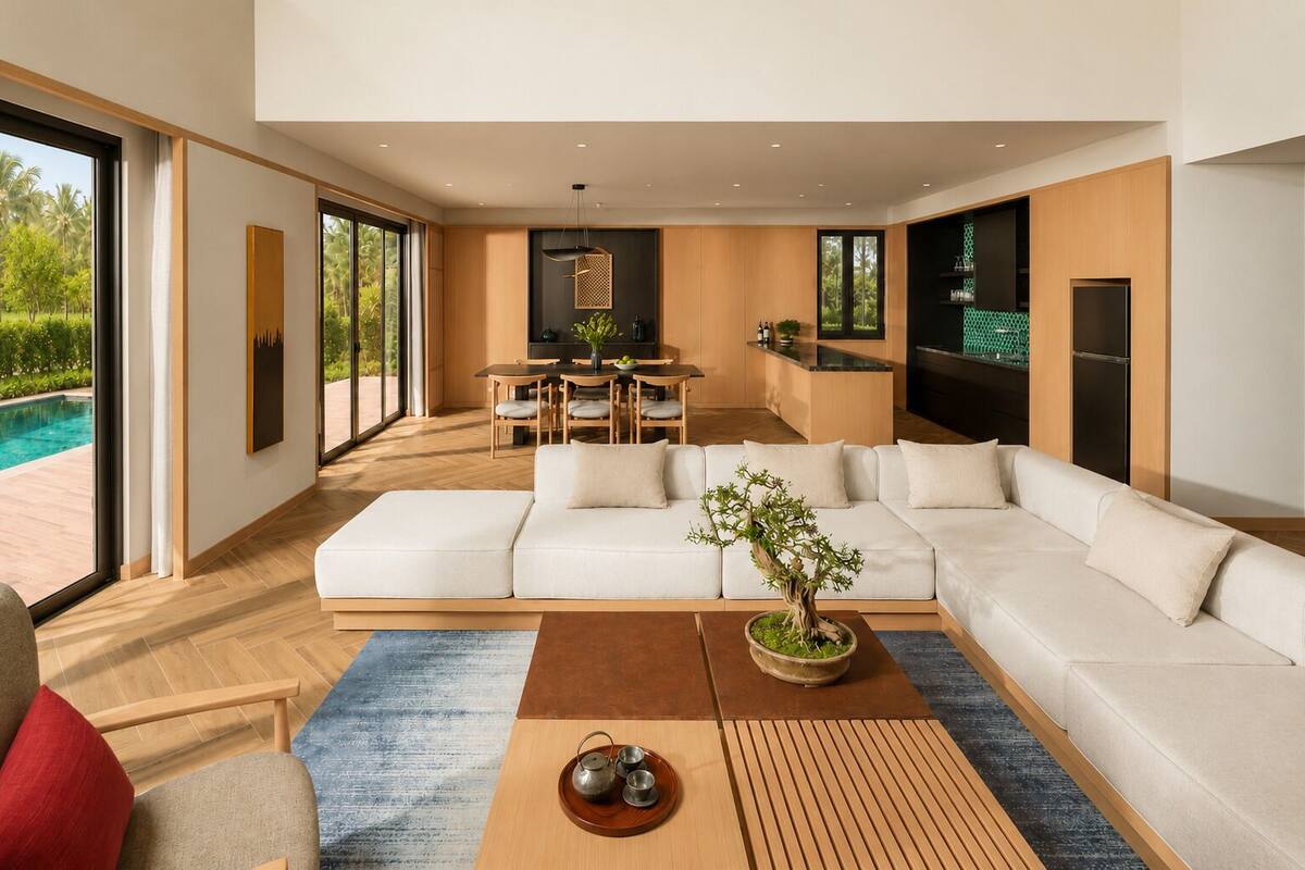 Een moderne woonkamer met een ruime hoekbank, een eethoek en uitzicht op een zwembad.