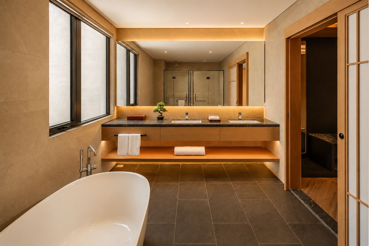 A modern bathroom with a freestanding bathtub, a vanity with two sinks, and a large mirror.
