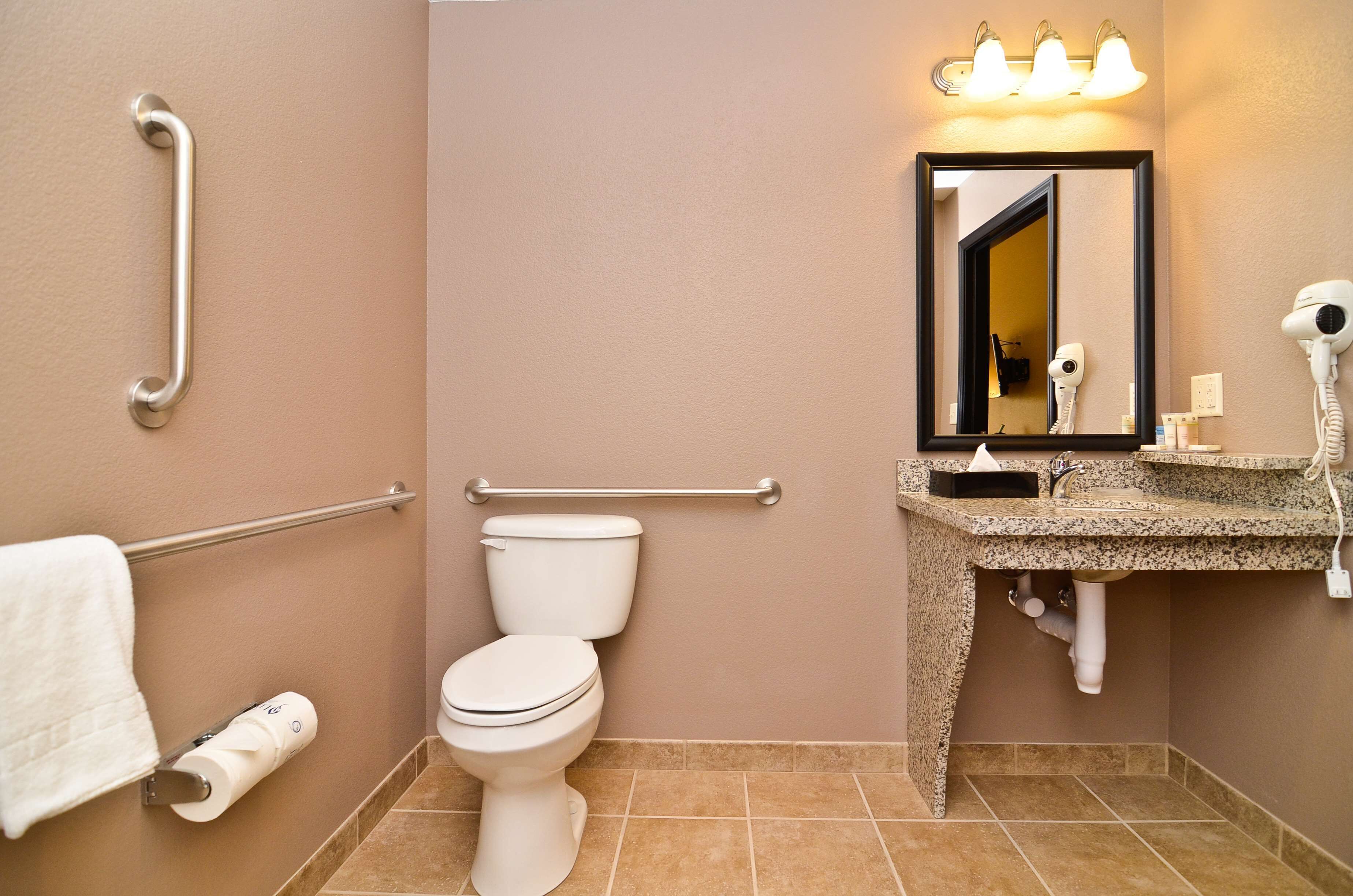 standard room, 1 king bed, accessible, refrigerator & microwave | bathroom | hair dryer, towels