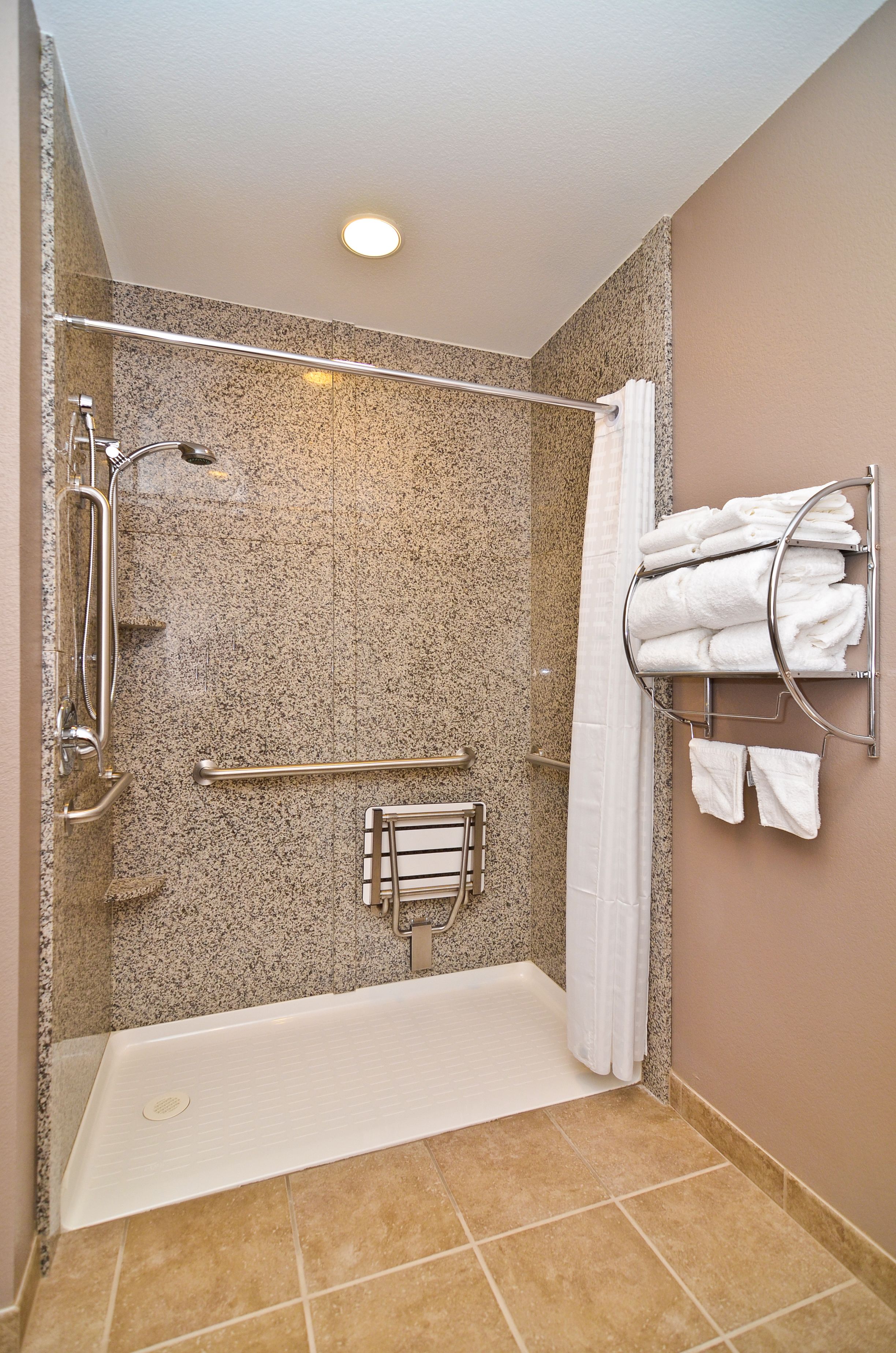 standard room, 1 king bed, accessible, non smoking (roll in shower) | bathroom | hair dryer, towels