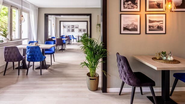 A modern dining area with a long table, blue chairs, and a potted plant. - DORMERO Hotel Pirmasens (Pirmasens)