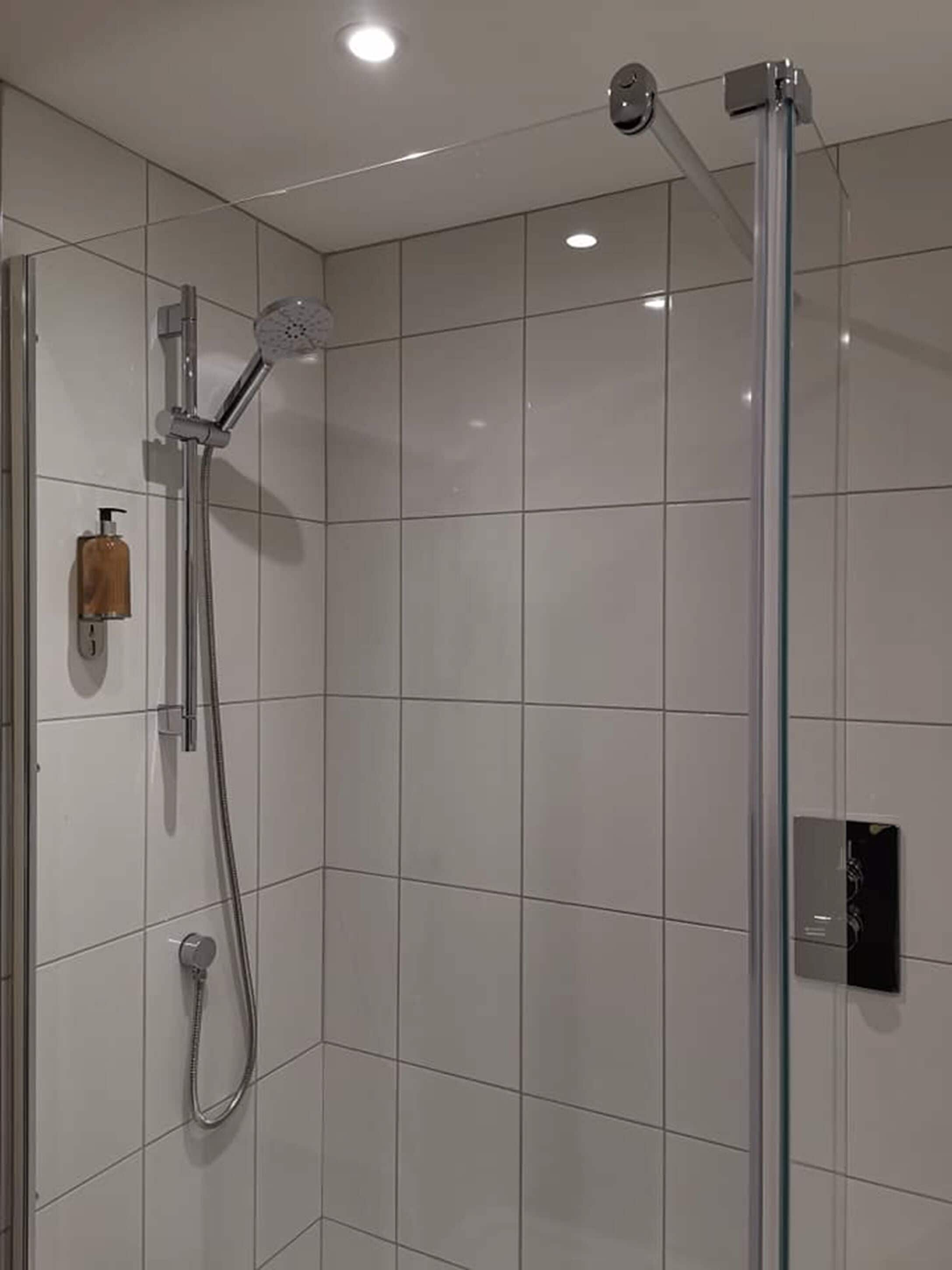 shower, free toiletries, hair dryer, towels