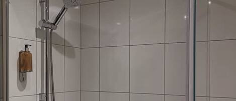 A modern shower with a glass door, a handheld showerhead, and a wall-mounted control panel.