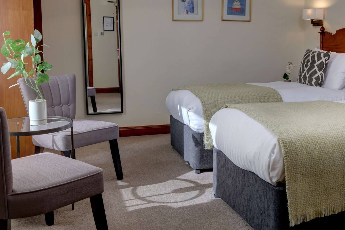 A hotel room with two beds, a small table with a chair, a potted plant, and a mirror.