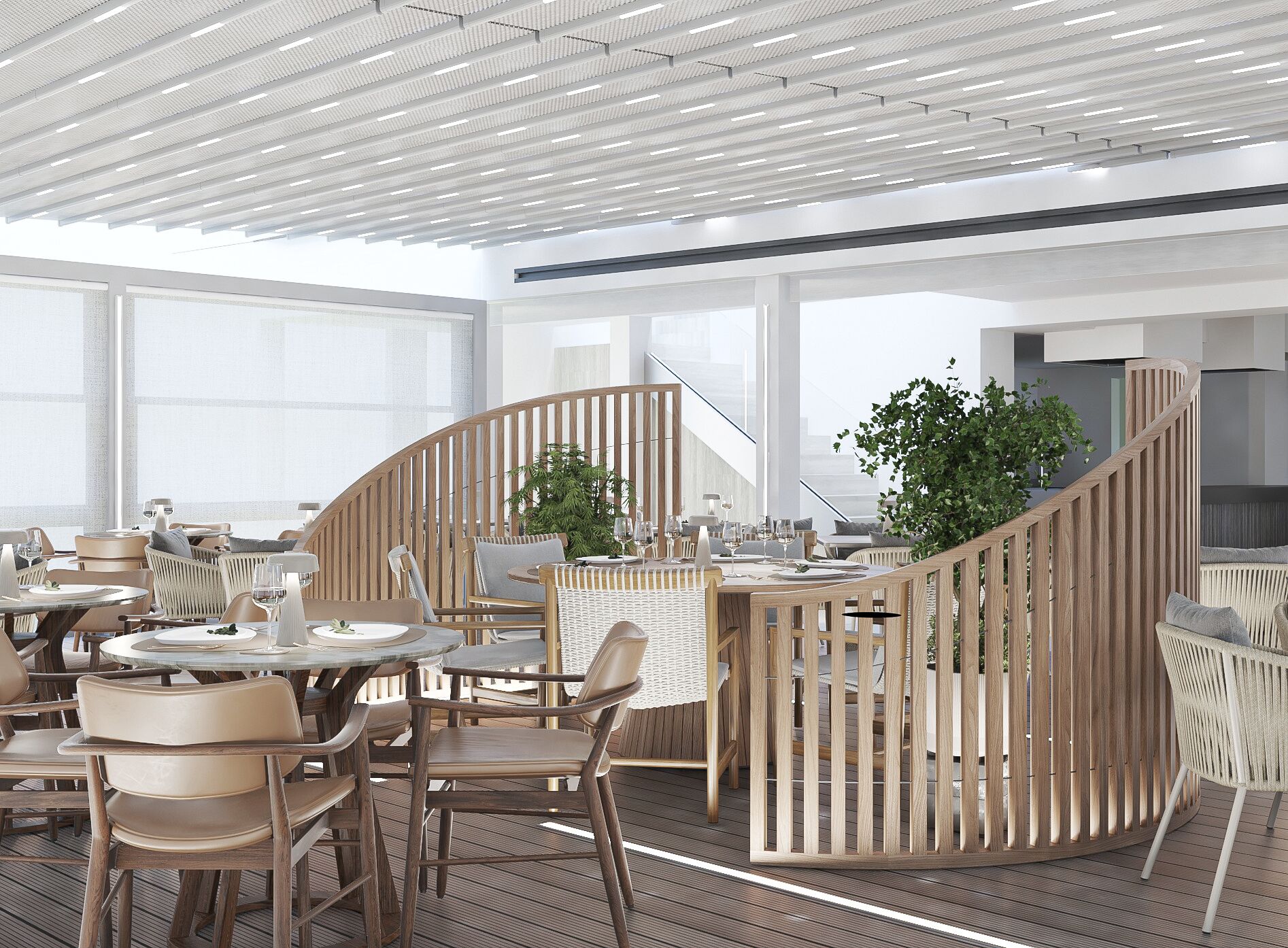 A modern restaurant with round tables and chairs, wooden partitions, and large windows.