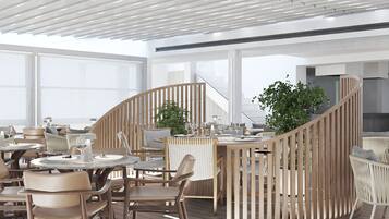 A modern restaurant with round tables and chairs, wooden partitions, and large windows.