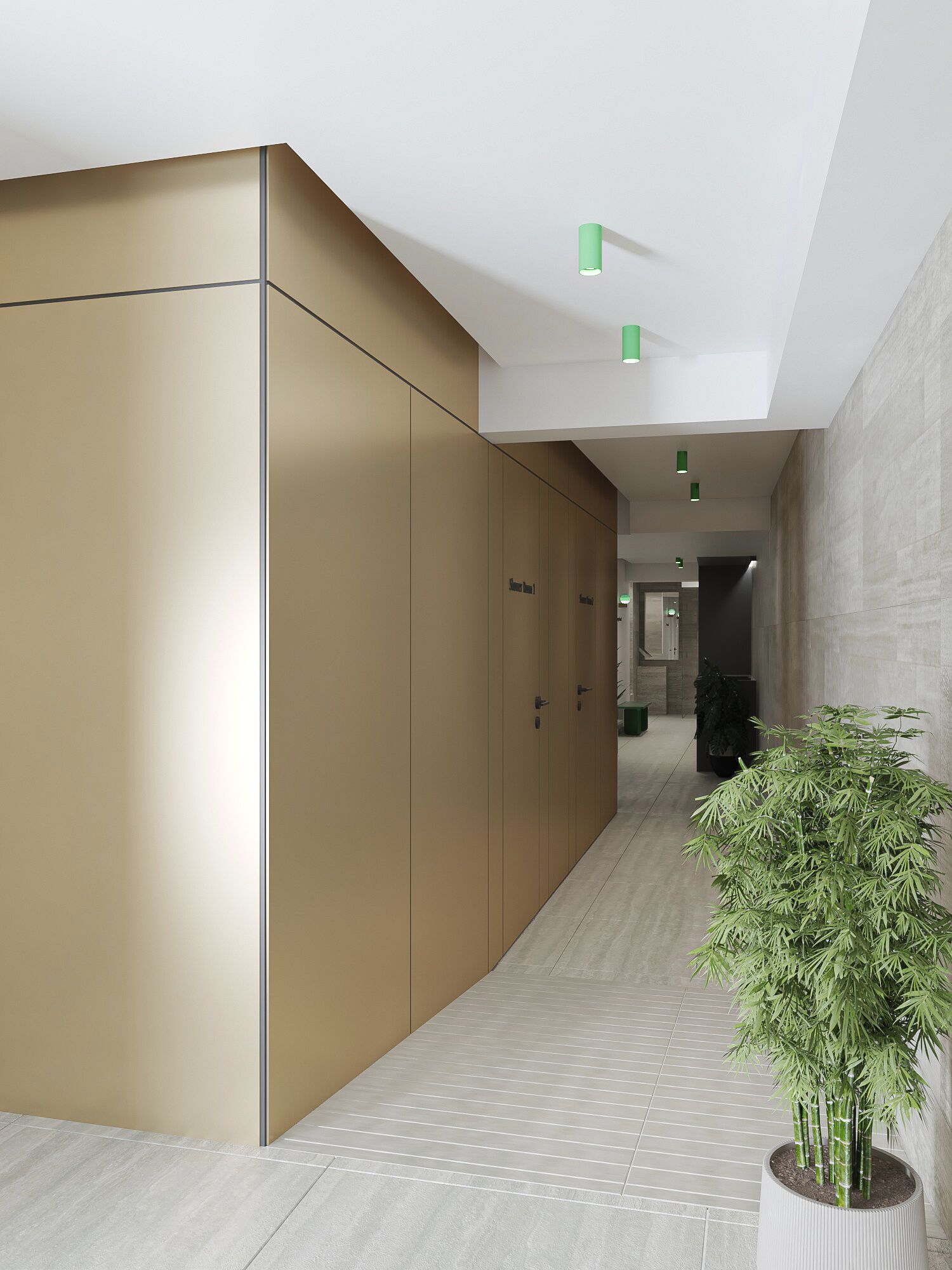 Un corridoio dal design moderno, con un ampio armadio, una pianta in vaso e un soffitto con illuminazione a incasso.