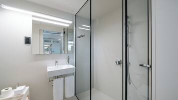 A modern bathroom with a glass shower enclosure, a white sink, and a large mirror.
