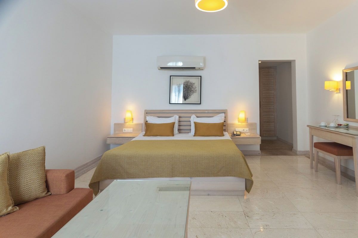 Una habitación de hotel con cama, mesitas de noche, escritorio, espejo y aire acondicionado.
