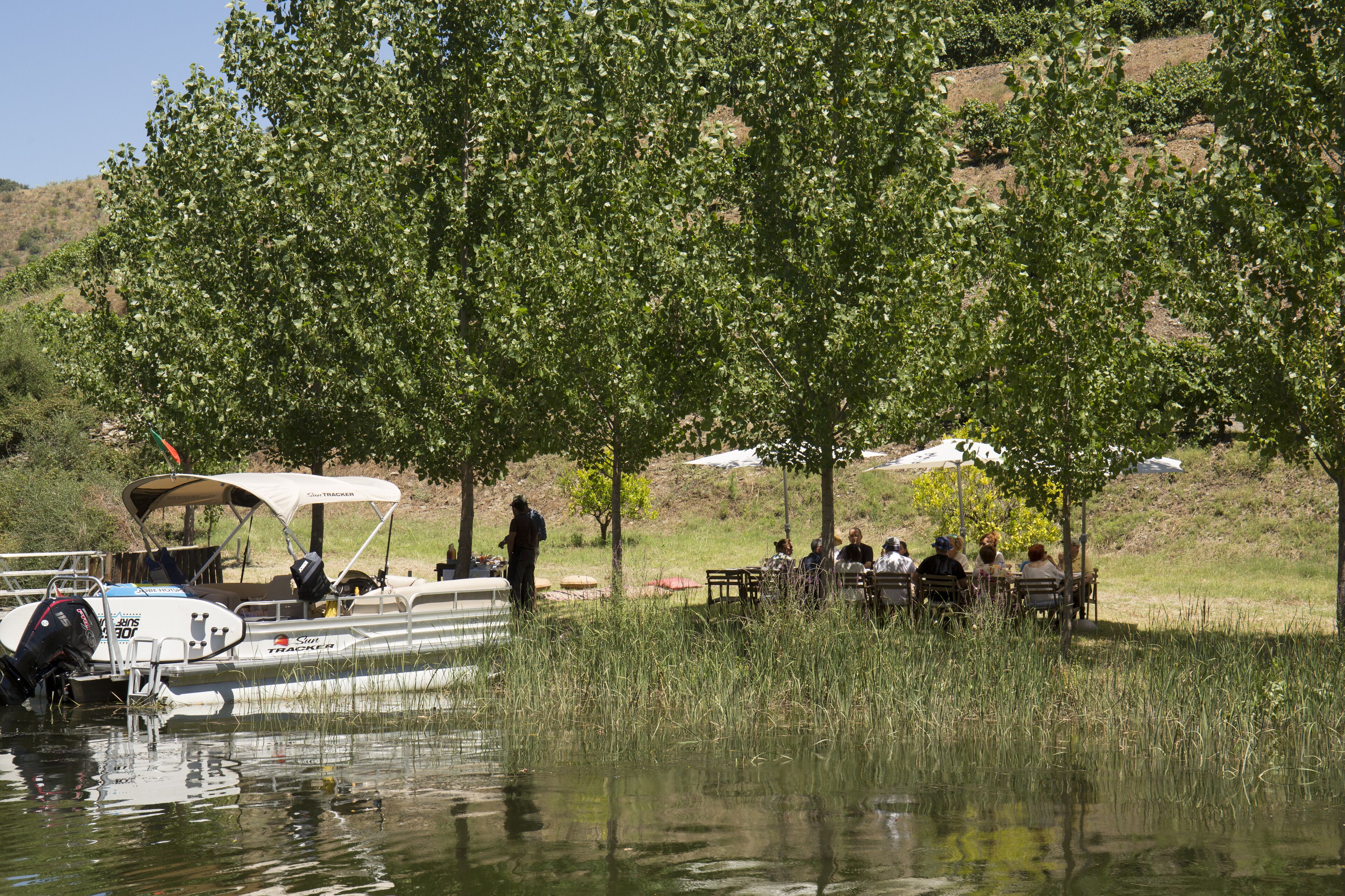 A boat docked at a riverside location with people seated at tables under trees.