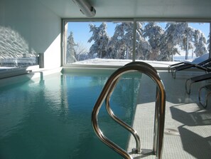 A pool with a metal railing, a tiled deck, and a view of snow-covered trees through a large window. - Casa das Penhas Douradas - Burel Expedition Hotel (Manteigas)
