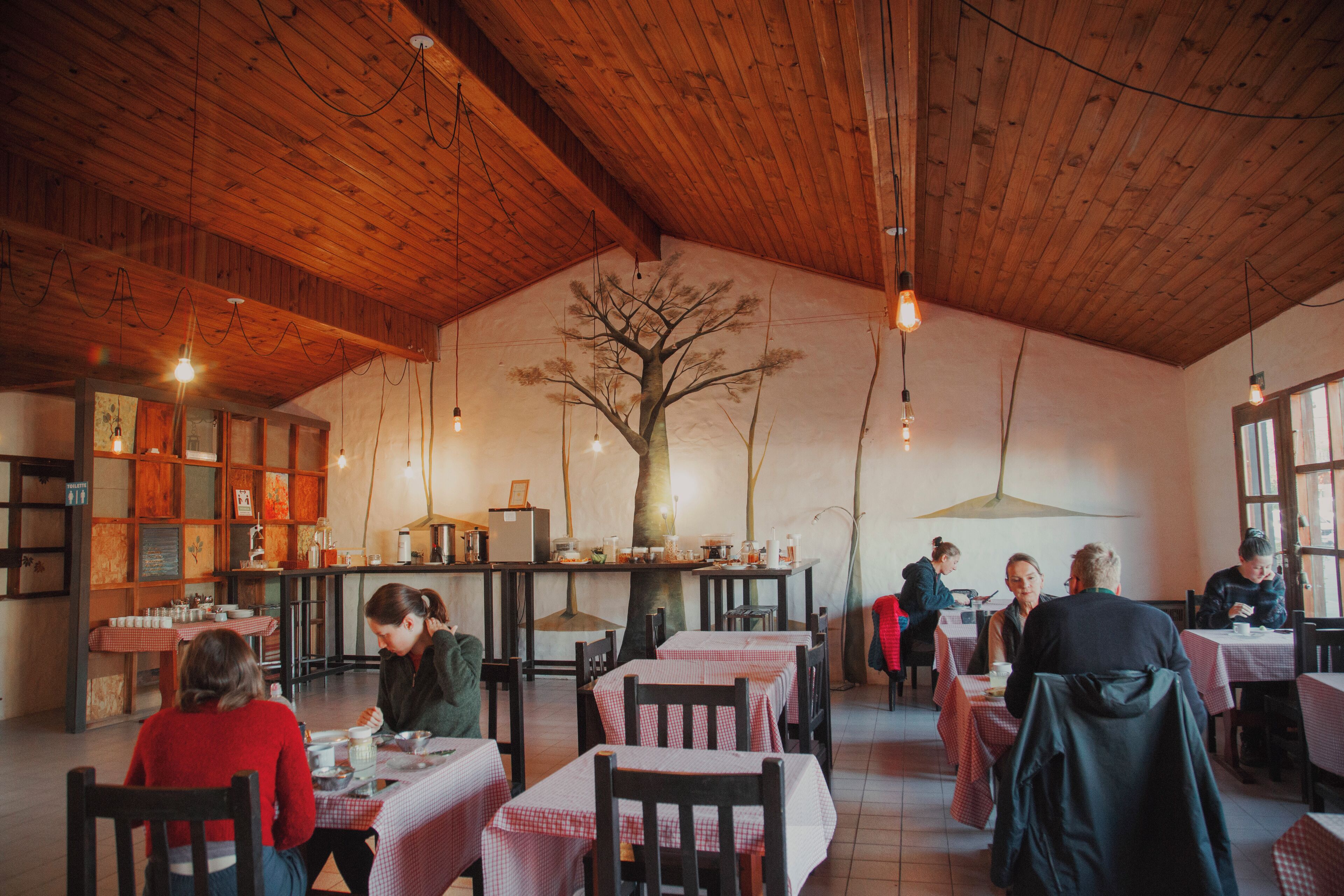 A cozy restaurant with wooden ceilings and tables set with checkered tablecloths.