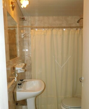 A bathroom with a shower curtain, a sink, and a toilet. - Schilling Patagonia Travellers - Hostel (El Calafate)
