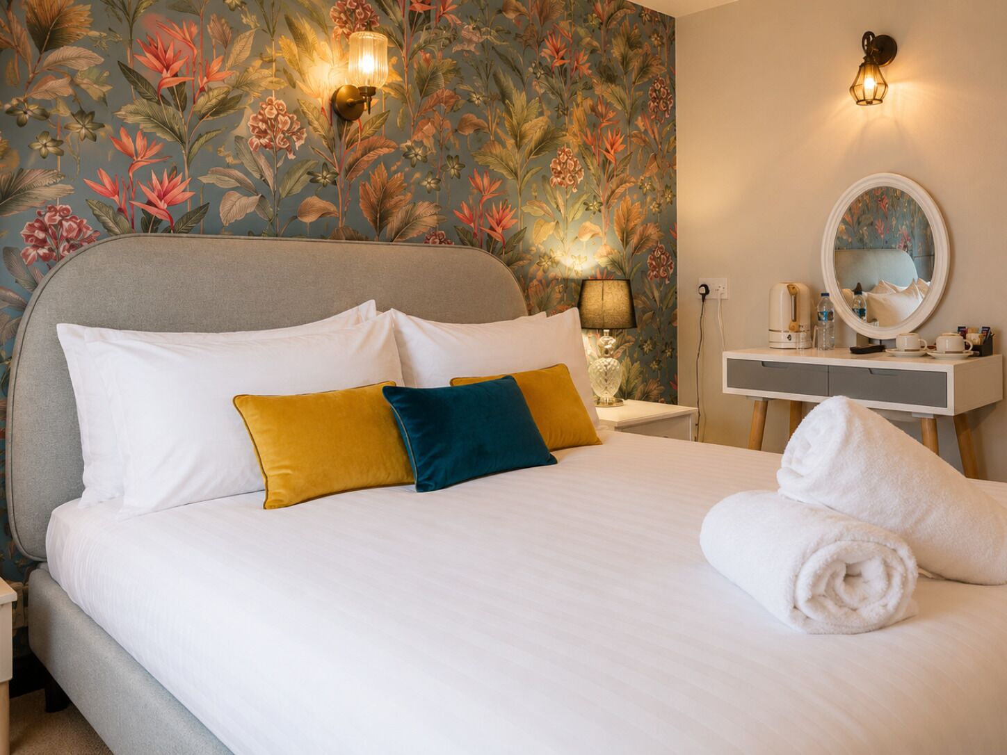 Une chambre d’hôtel avec un lit, des oreillers, une table de chevet, une lampe, un miroir et une serviette.