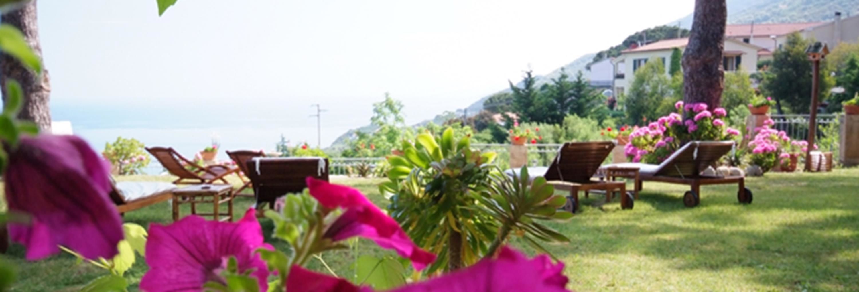 Ein Garten mit Liegestühlen und Meerblick.