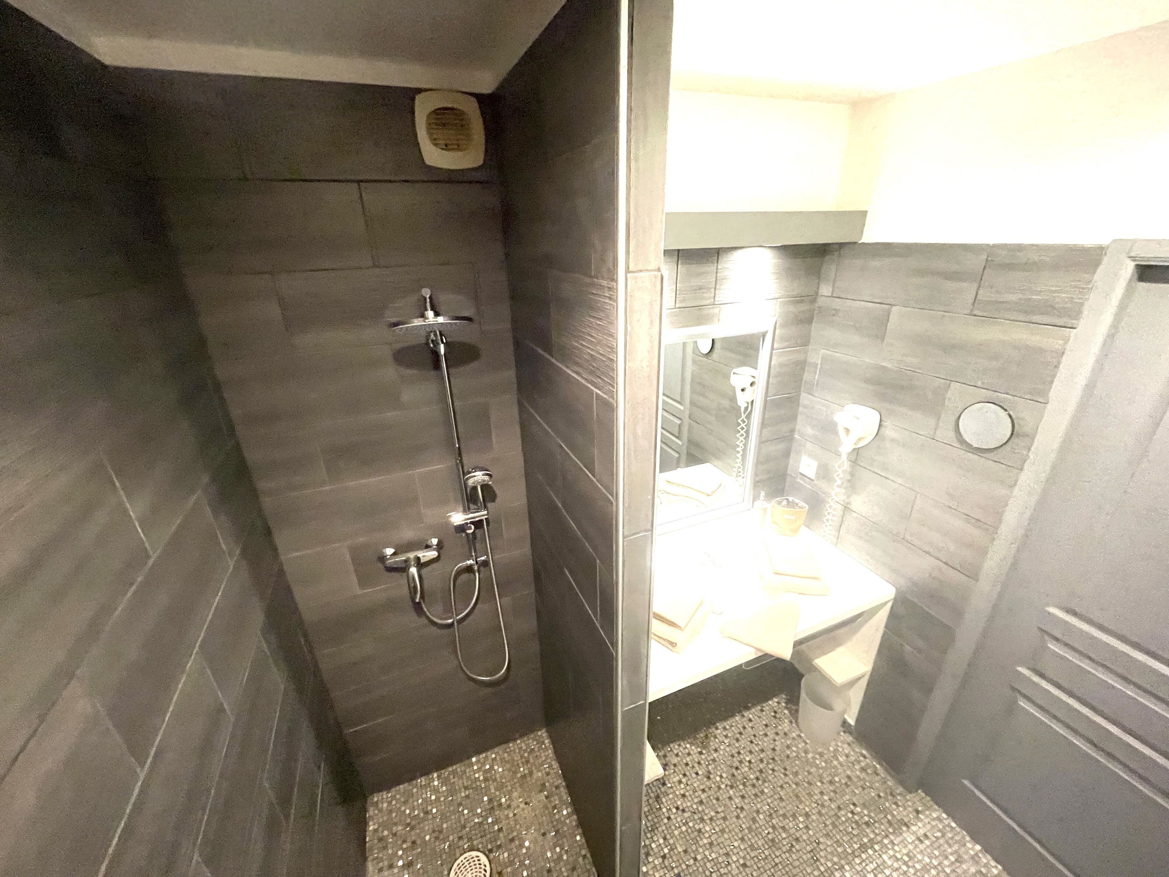 A modern bathroom with a shower, toilet, and sink.