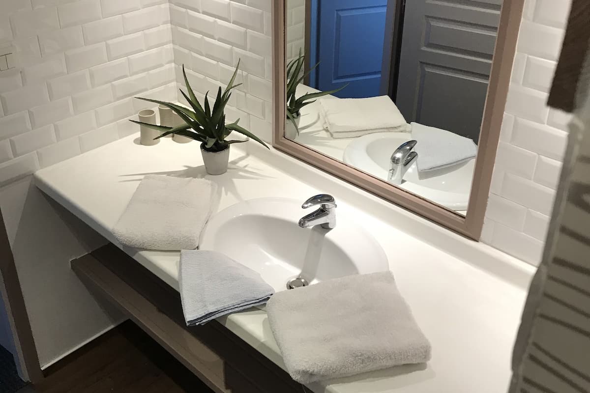 shower, eco-friendly toiletries, hair dryer, towels