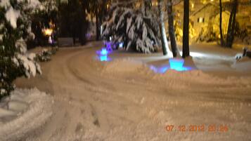 Een besneeuwde pad met bomen en lichtjes.
