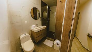 A bathroom with a toilet, sink, and mirror.