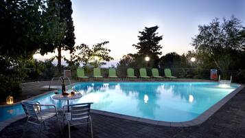 Outdoor pool, pool umbrellas, pool loungers