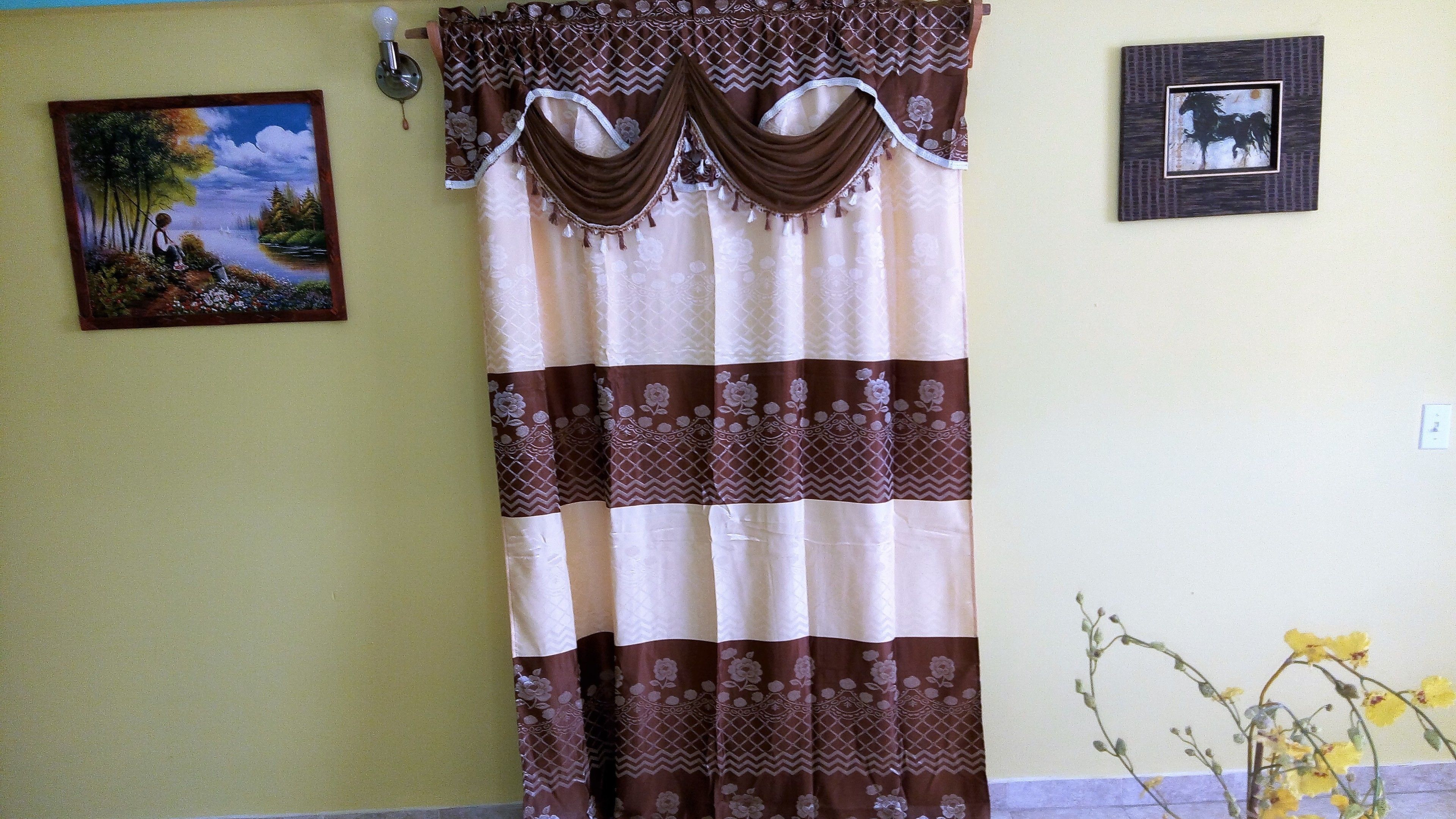 A bathroom with a shower curtain, a painting of a landscape, and a framed picture on the wall.