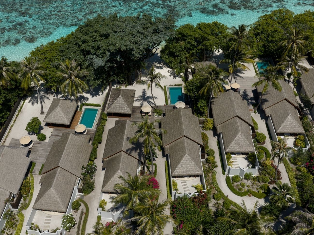 A resort with multiple bungalow-style accommodations, each with a private pool and surrounded by lush greenery and palm trees.