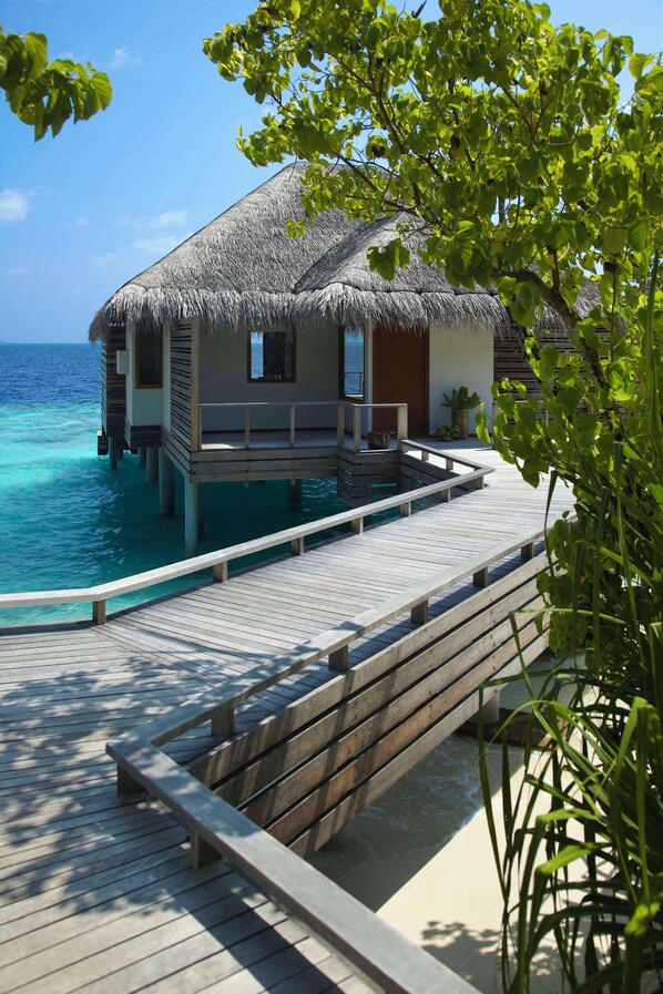 An overwater bungalow with a thatched roof, wooden deck, and a small pool. - Dusit Thani Maldives - 50 percent off on Transfers for Stays of 5 Nights stay until 20 December 2026 (Mudhdhoo)