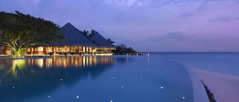 Outdoor pool, pool umbrellas, pool loungers