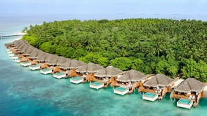 An overwater bungalows with thatched roofs and private pools, surrounded by lush greenery and clear turquoise waters. - Dusit Thani Maldives - 50 percent off on Transfers for Stays of 5 Nights stay until 20 December 2026 (Mudhdhoo)