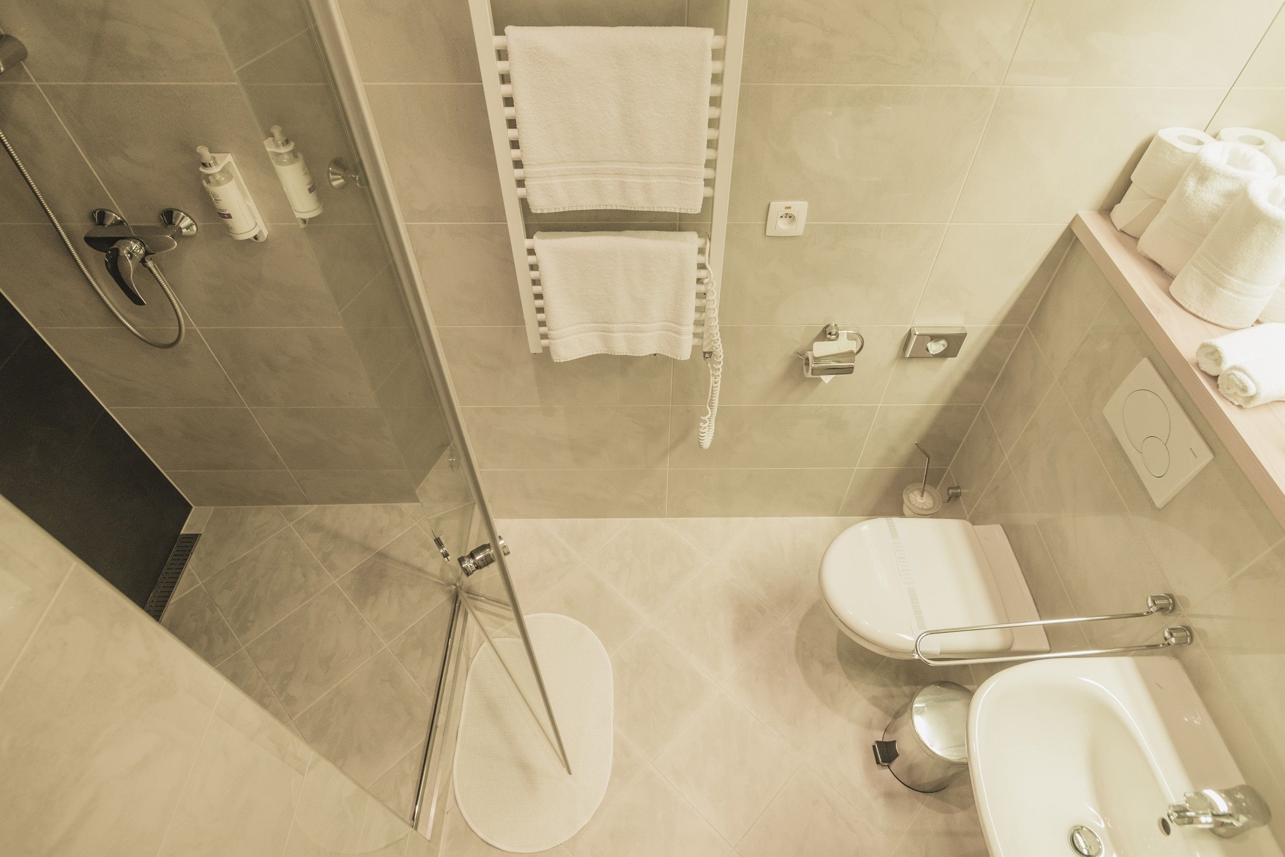 shower, free toiletries, hair dryer, bathrobes