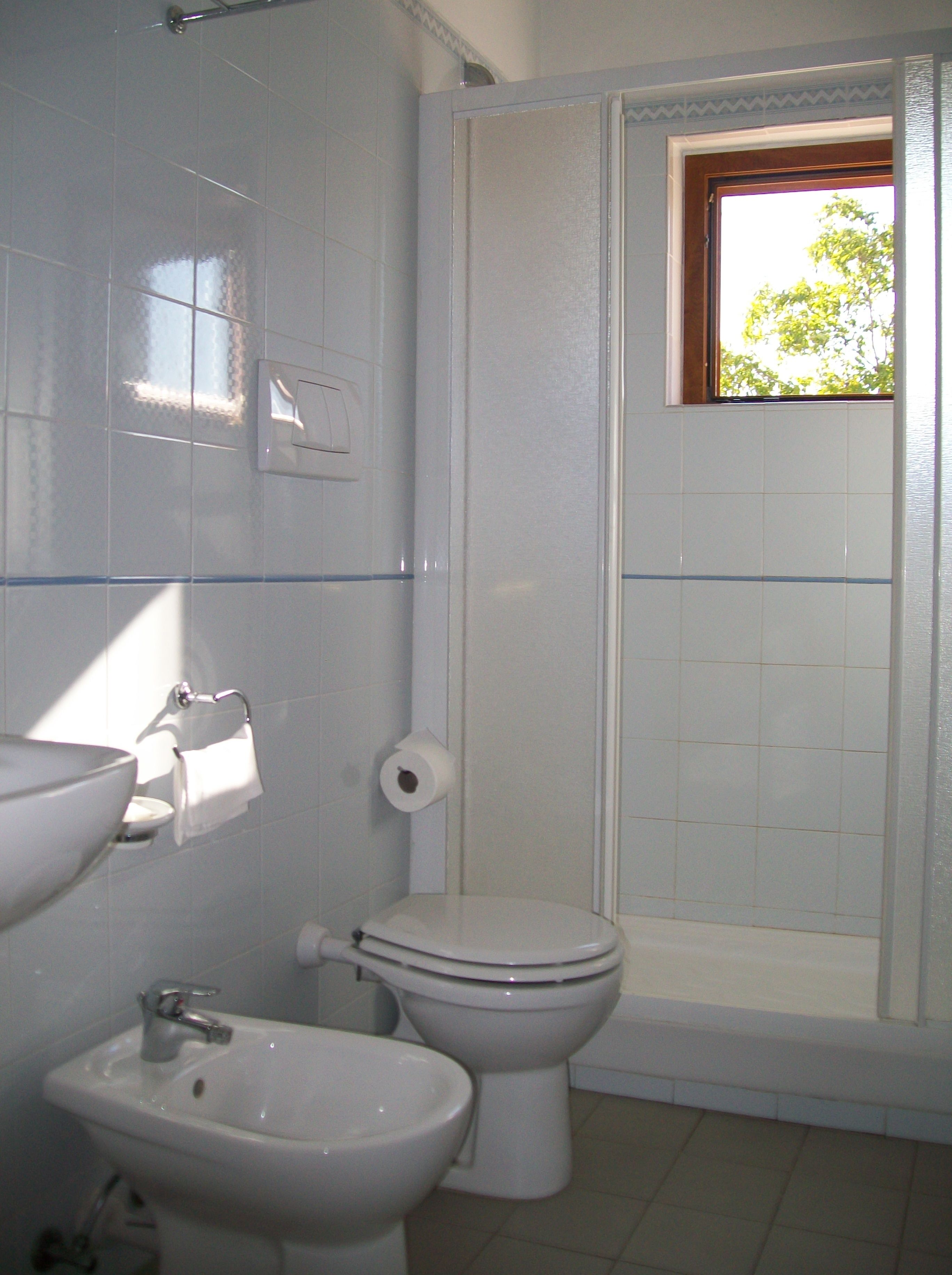 Une salle de bain équipée de toilettes, d’un bidet et d’un lavabo.